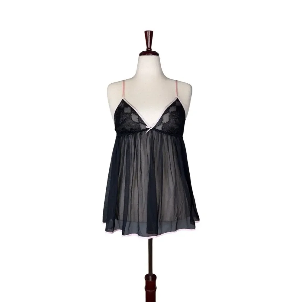 VTG Victoria's Secret Black Lace Sheer Split Back Babydoll Lingerie Top  Size: L